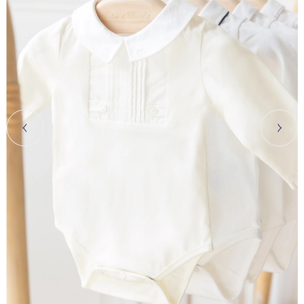 Tartine et Chocolate pleated collar bodysuit, ecru & white, 9M